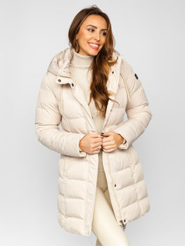 Бежева жіноча довга стьобана зимова куртка з капюшоном Bolf 7086
