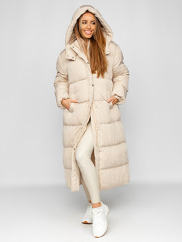 Бежеве жіноче довге зимове стьобане пальто з капюшоном Bolf R6702