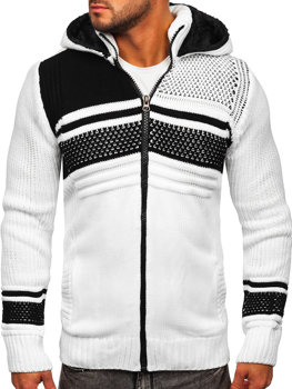 Білий чоловічий светр-куртка грубої в'язки з капюшоном Bolf 2051