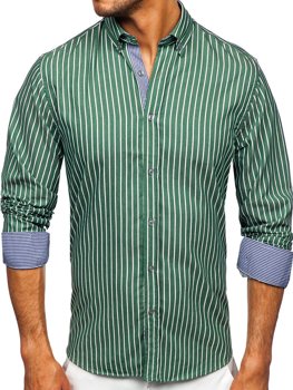 Зелена чоловіча сорочка в смужку з довгим рукавом Bolf 20731