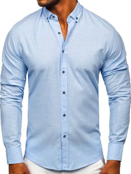 Синя бавовняна чоловіча сорочка з довгим рукавом Bolf 20701