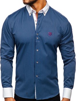 Чоловіча сорочка в смужку з довгим рукавом темно-синя Bolf 9717