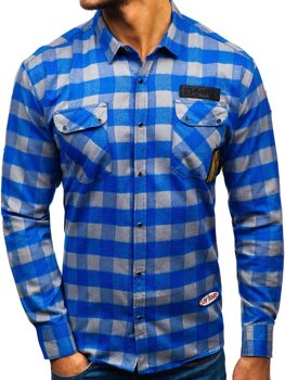 Чоловіча фланелева сорочка з довгим рукавом синьо-сіра Bolf 2503