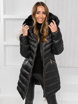Чорна довга демісезонна стьобана куртка пальто жіноче з капюшоном Bolf 5M3162