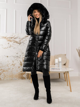 Чорна довга жіноча зимова стьобана куртка-пальто з капюшоном Bolf 16M9127