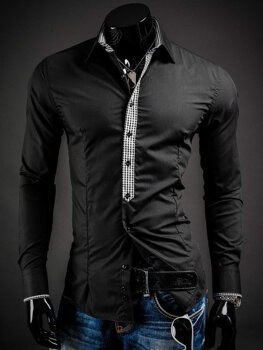 Чорна елегантна чоловіча сорочка з довгим рукавом Bolf 0939