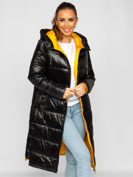 Чорна жіноча довга стьобана зимова куртка з капюшоном Bolf J9063