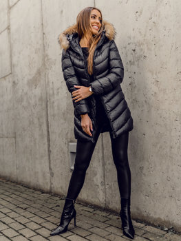 Чорна стьобана жіноча зимова куртка-пальто з натуральним хутром Bolf M688