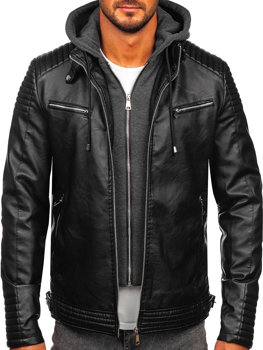 Чорна чоловіча шкіряна куртка з капюшоном Bolf 11Z8063