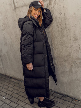 Чорне жіноче довге стьобане зимове пальто з капюшоном Bolf R6702A