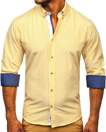 Жовта чоловіча сорочка в смужку з довгим рукавом Bolf 20704