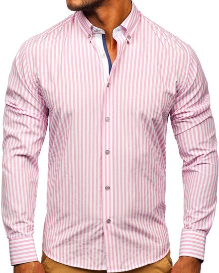 Рожева чоловіча сорочка в смужку з довгим рукавом Bolf 20704