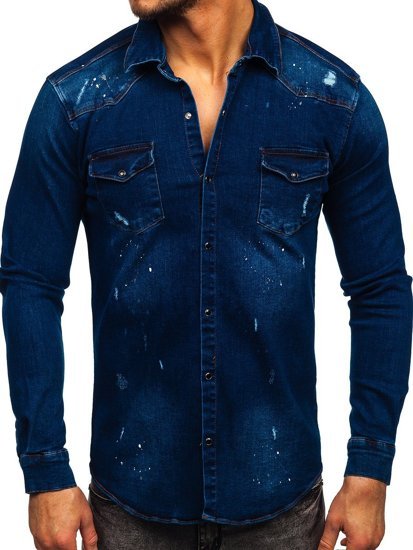 Темно-синя чоловіча джинсова сорочка з довгим рукавом Bolf R702