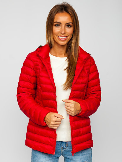 Темно-червона стьобана куртка жіноча демісезонна з капюшоном Bolf 23032