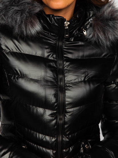 Чорна довга стьобана куртка жіноча зимова з капюшоном Bolf 7076