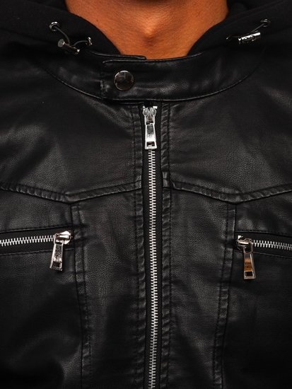 Чорна шкіряна Чоловіча куртка з капюшоном Bolf 1169