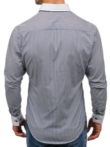 Елегантна чоловіча сорочка у смужку з довгим рукавом рукавом темно-синьо-біла Bolf 2790