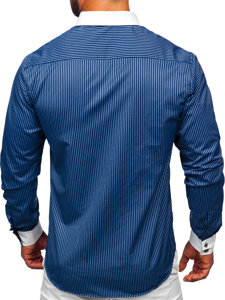 Темно-синя елегантна чоловіча сорочка в смужку з довгим рукавом Bolf 0909